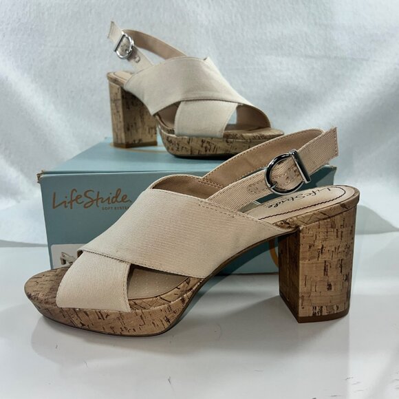 LifeStride Beige Lara Sandals w/ Cork Block Heels & Adjustable Straps Size 10M - Picture 2 of 16